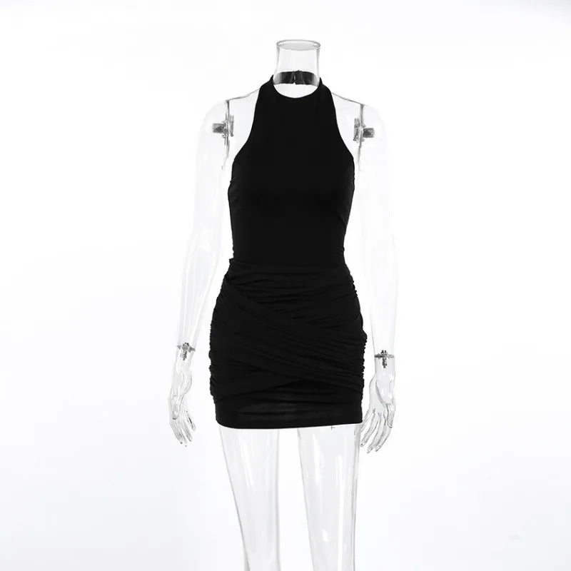 Glorol - Elegant Halter Neck Patchwork Backless Mini Dress
