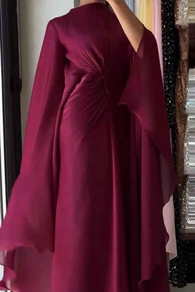 Glorol - Long Sleeve Lace Up O-Neck Loose Pleated Maxi Dress