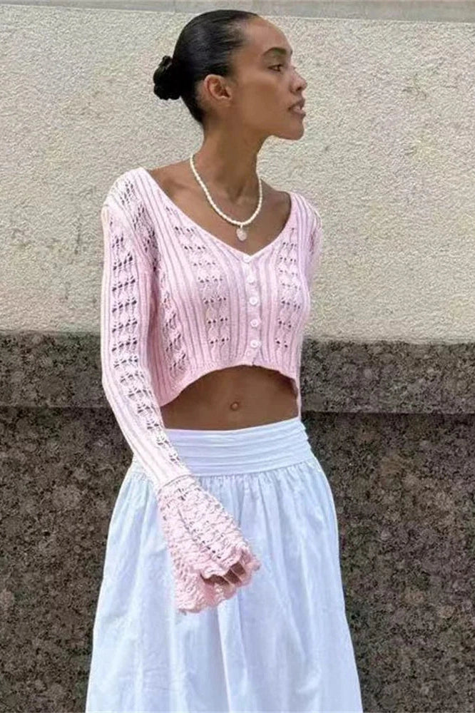 Glorol - Hollow Out V-Neck Long Sleeve Patchwork Top