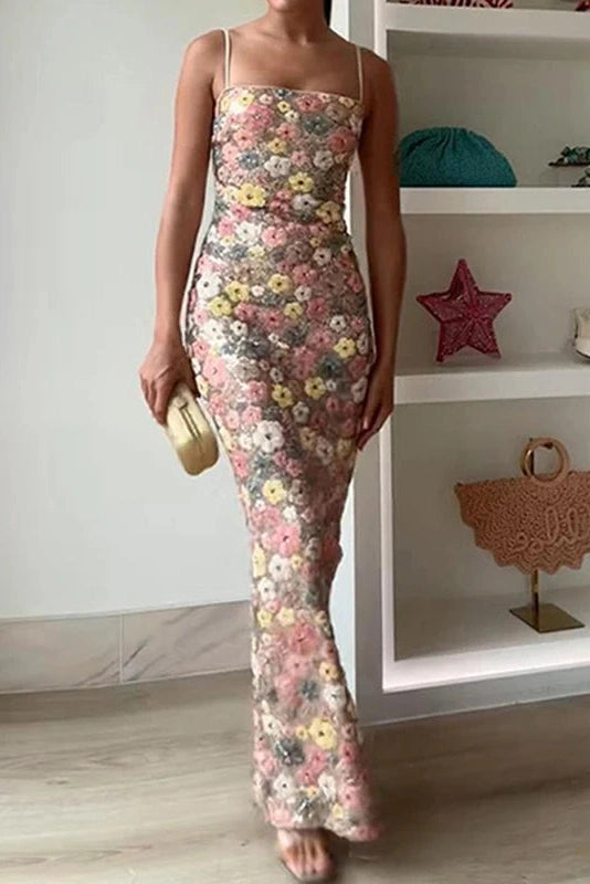 Glorol - Floral Printed Spaghetti Strap Slim Sleeveless Maxi Dress