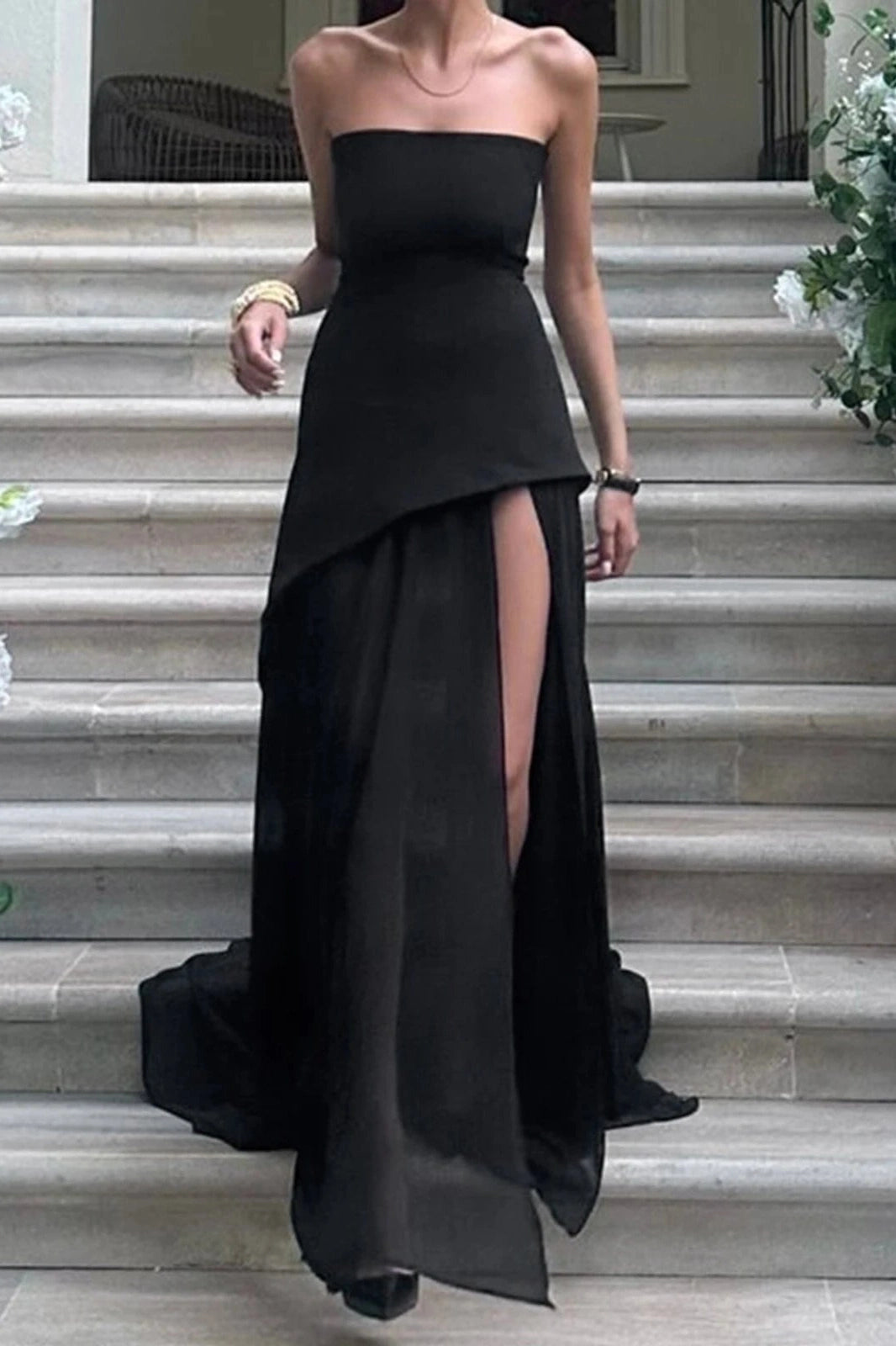 Glorol - Off-Shoulder High Split Strapless Sleeveless Maxi Dress