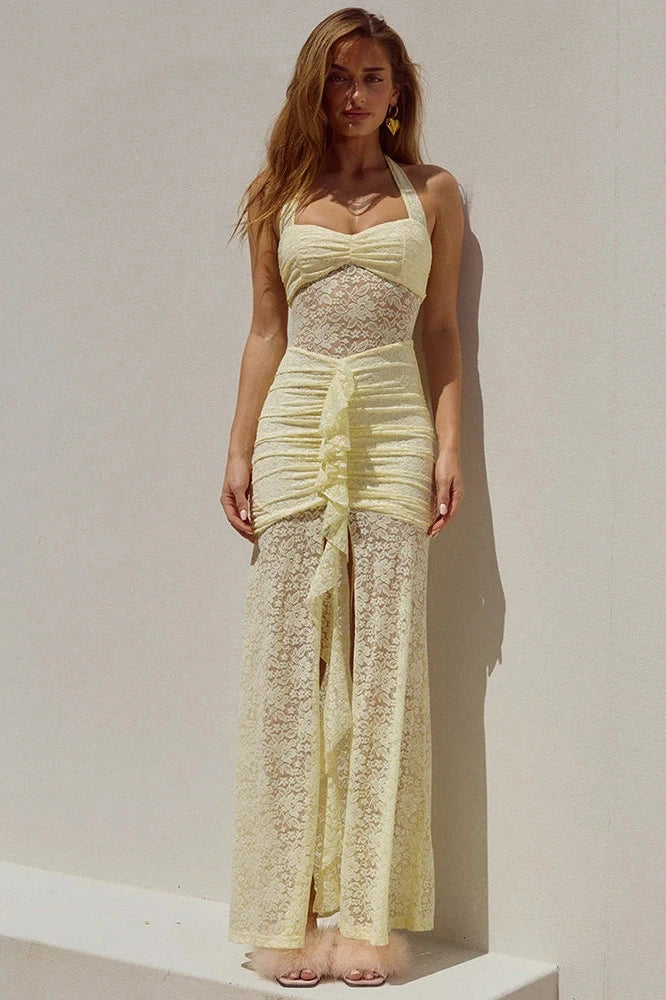 Glorol - Lace Patchwork Sleeveless Backless Bodycon Maxi Dress