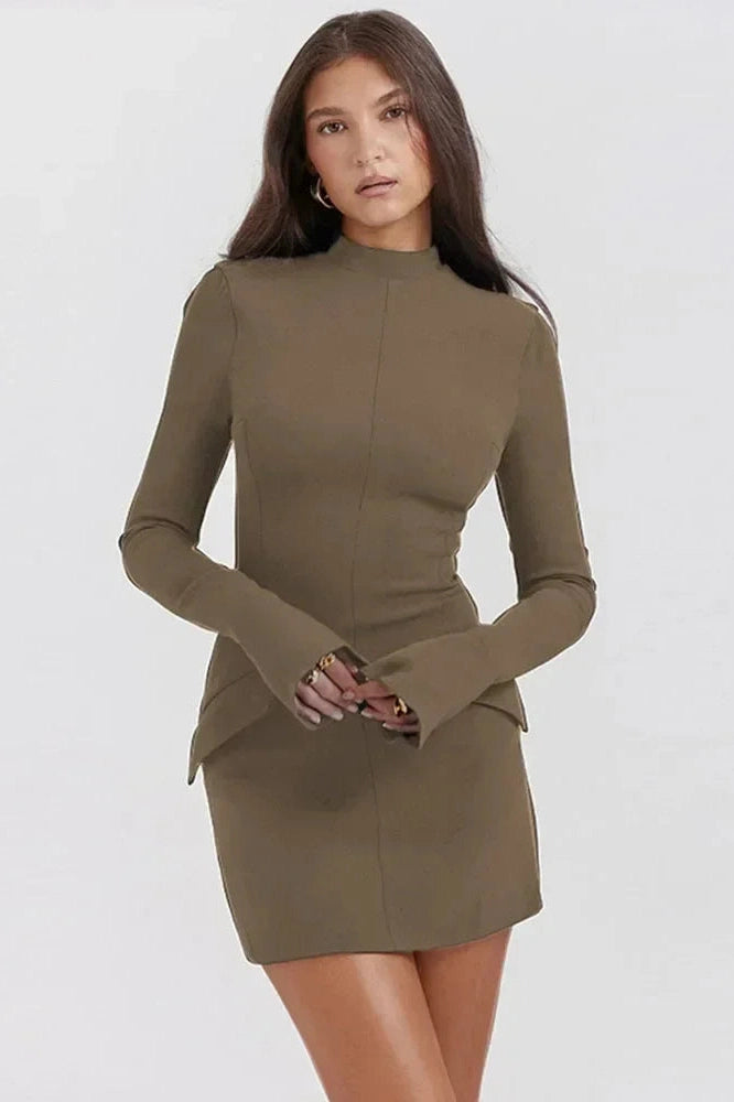 Glorol - Elegant Slim Two Pocket Long Sleeve A-Line Mini Dress