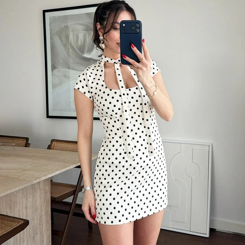 Glorol - Elegant Polka Dot Lace-Up Hollow Out Mini Dress