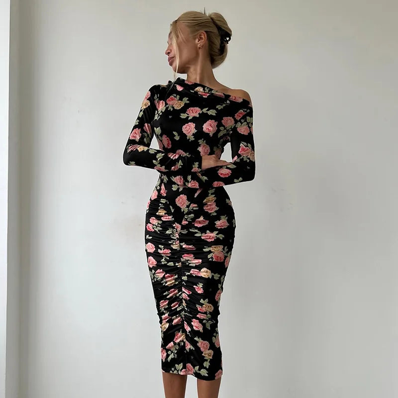 Glorol - Printed Pleated Long Sleeve Bodycon Midi Dress