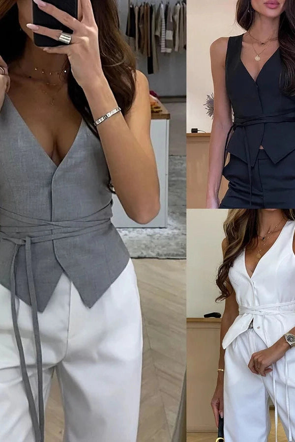 Glorol - Button Lace-Up Sleeveless Top