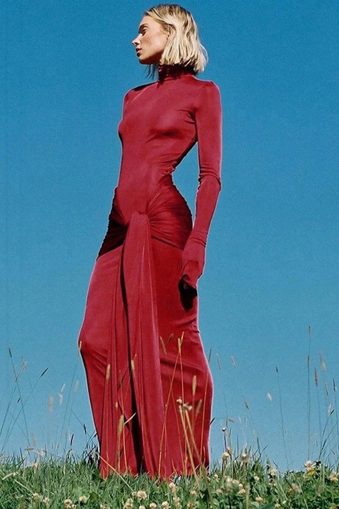 Glorol - Elegant Turtleneck Long Sleeve Bodycon Maxi Dress