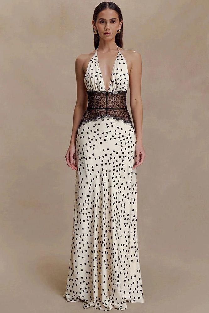 Glorol - Polka Dot Backless Patchwork Lace Deep V Neck Sleeveless Bodycon Maxi Dress