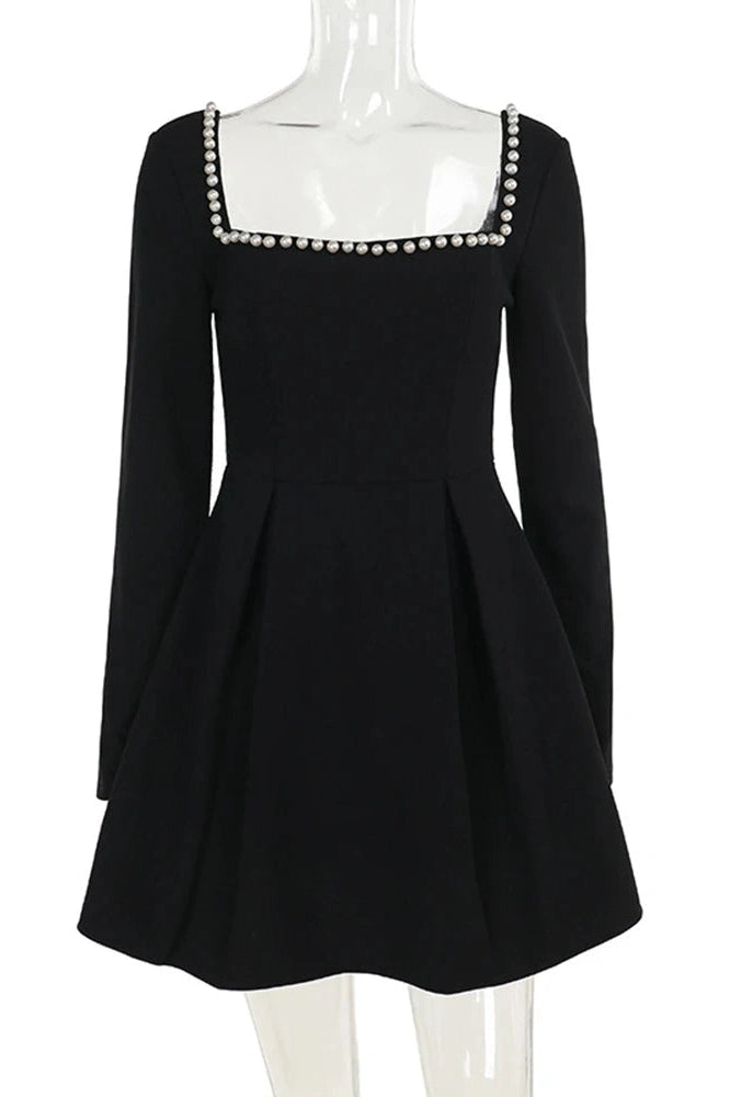 Glorol - Elegant Square Neck Slim Long Sleeve High Waist Mini Dress