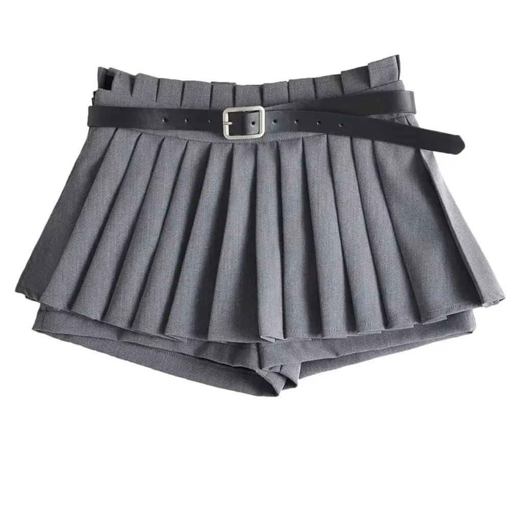 Glorol - Low Waist Pleated Belt Skirt
