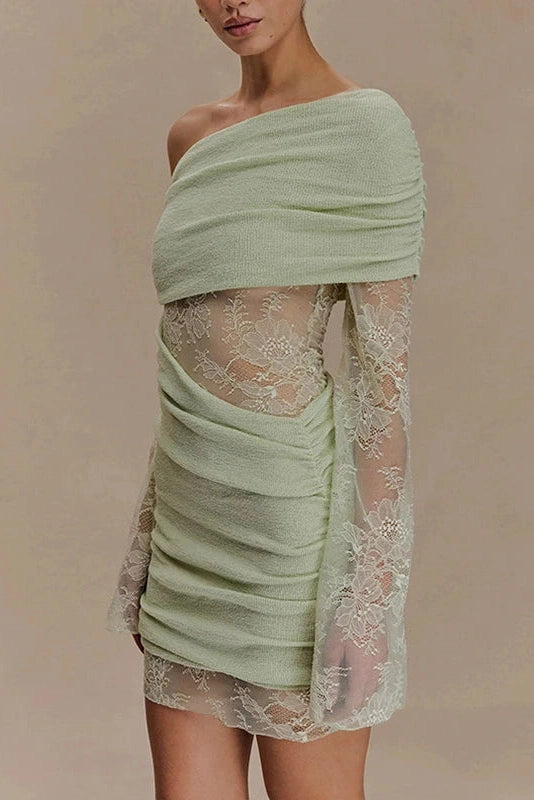 Glorol - Hollow Out High Waist Slash Collar Lace Knitted Mini Dress