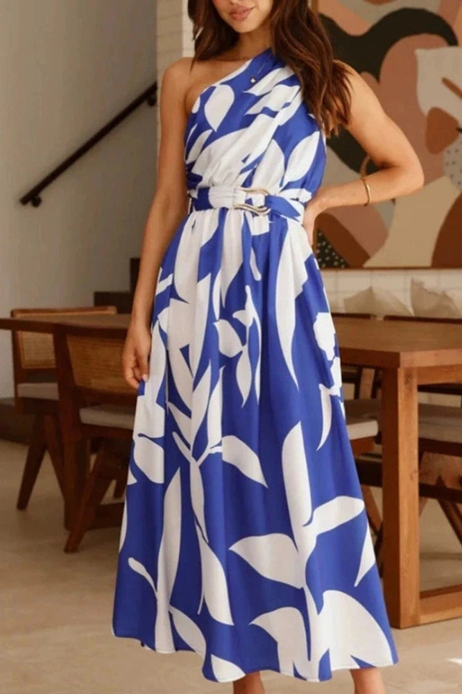 Glorol - One Shoulder High Waist Pleated Sleeveless Maxi Dress