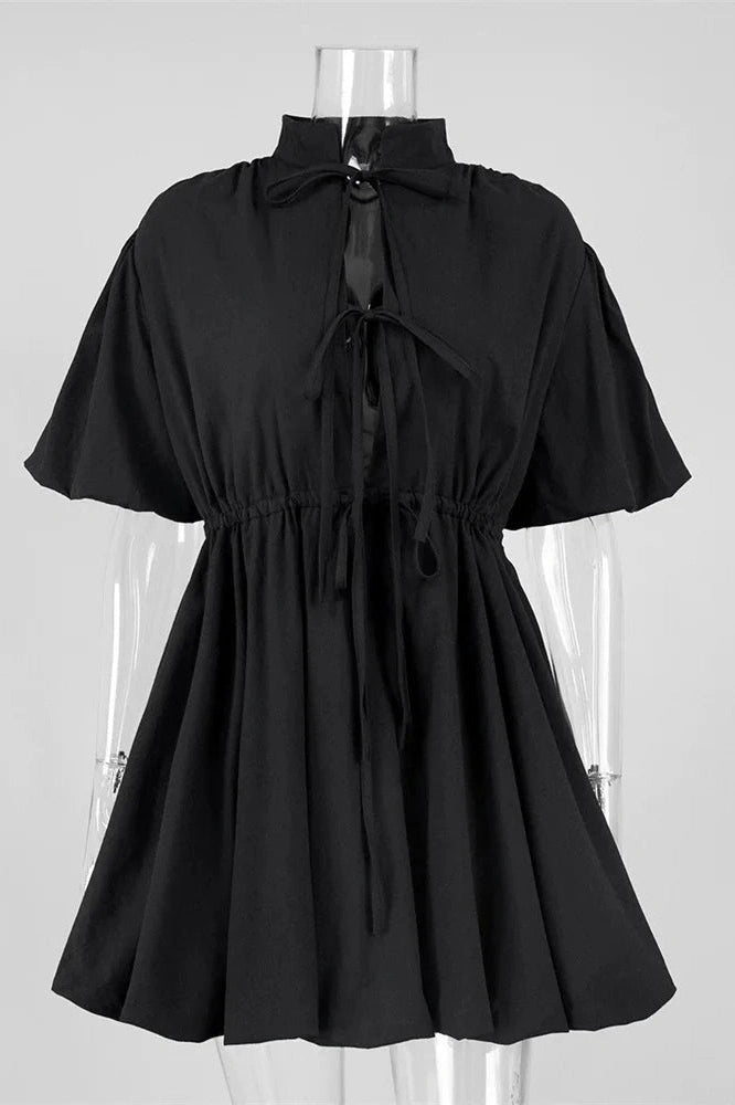 Glorol - Lace-Up Short Sleeve V-Neck High Waist Mini Dress