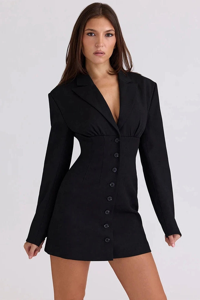 Glorol - Long Sleeve Single-Breasted V Neck High Waist Mini Dress