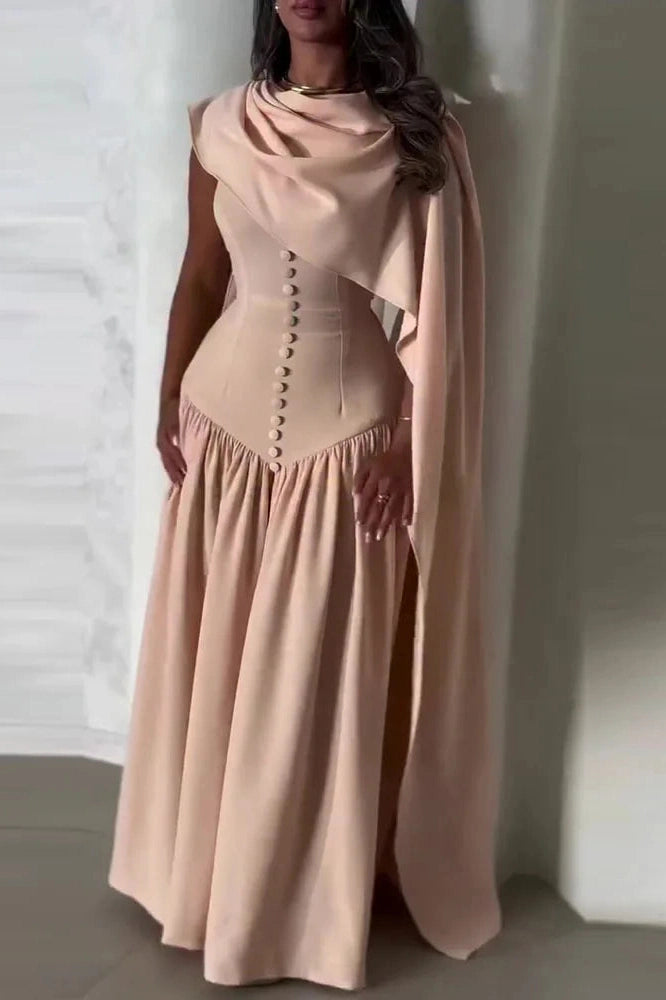 Glorol - Elegant Sleeveless Shawl Collar Pleat Maxi Dress