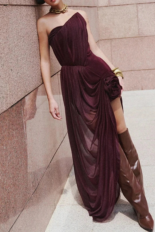 Glorol - Hollow Out Sleeveless Pleated High Waist Irregular Maxi Dress