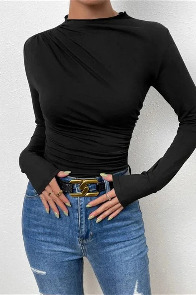 Glorol - Pleated Patchwork Long Sleeve Top