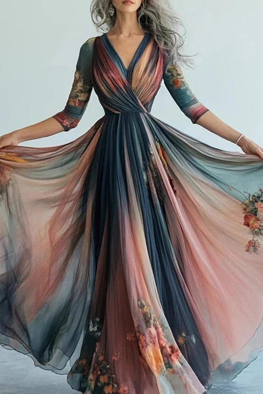 Glorol - Elegant Pleated V Neck Long Sleeve Printed Maxi Dress