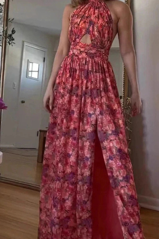 Glorol - Hollow Out Sleeveless High Waist Pleated Printed Maxi Dress