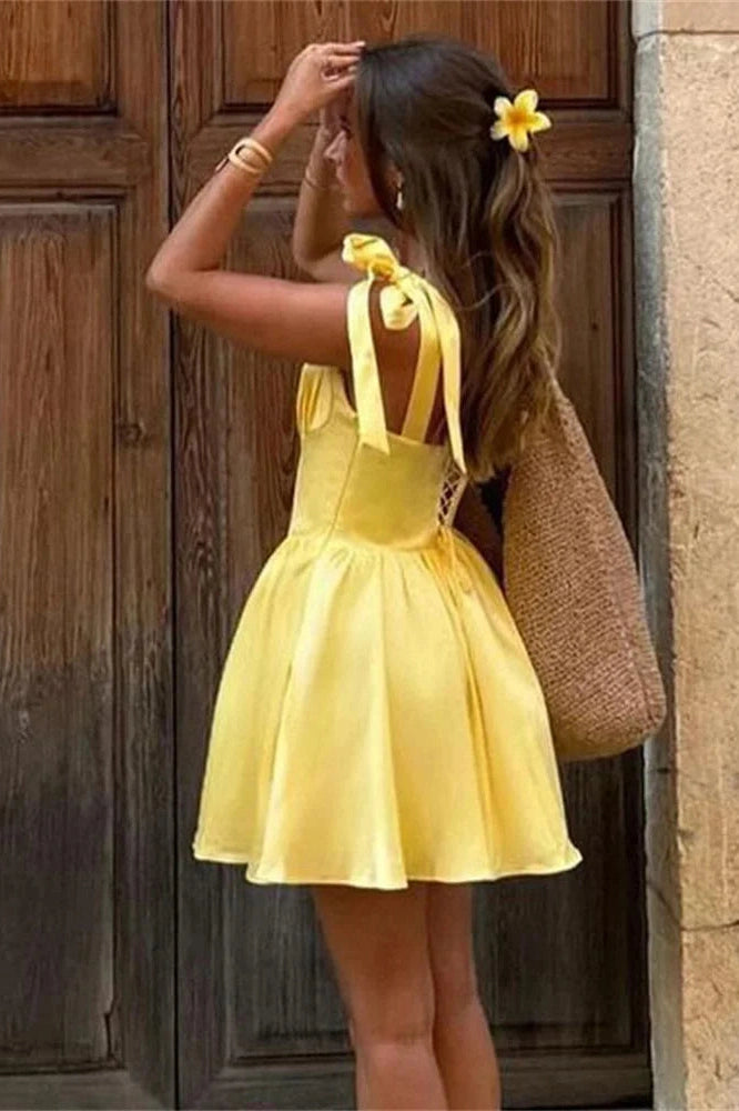 Glorol - Lace-Up Backless Pleated Slim Bodycon Mini Dress
