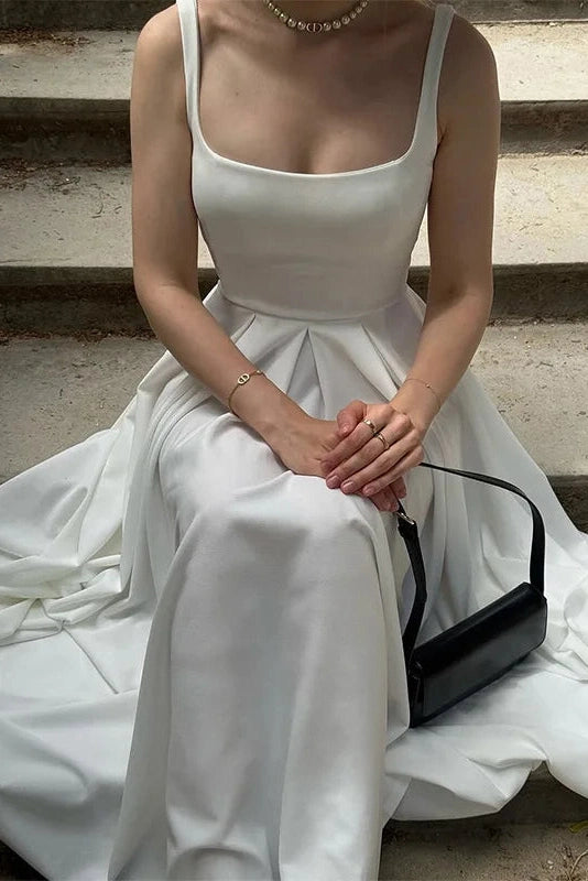 Glorol - Elegant Square Collar Sleeveless High Waist Pleated Maxi Dress