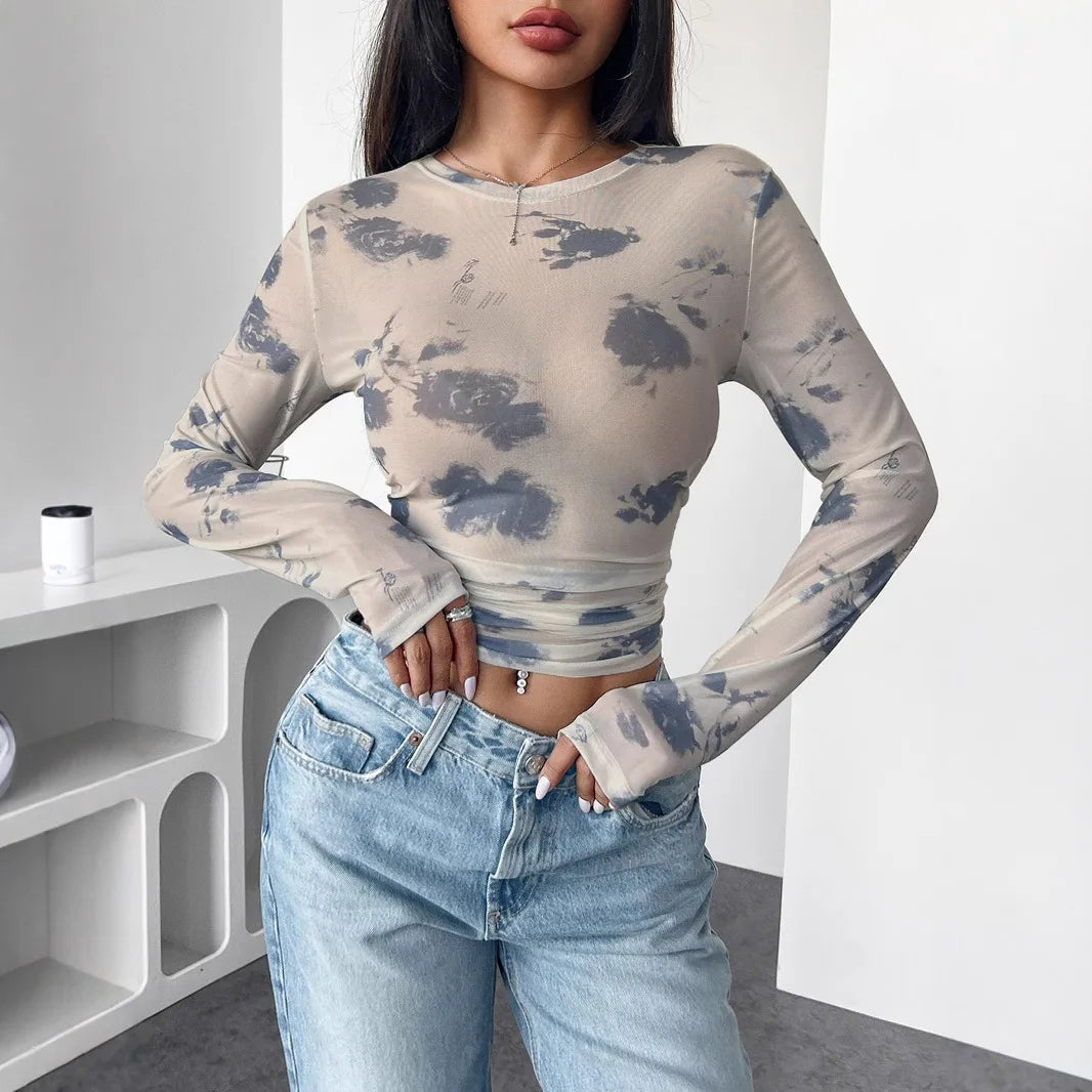 Glorol - Floral Mesh Print Pleated Round Neck Slim Top