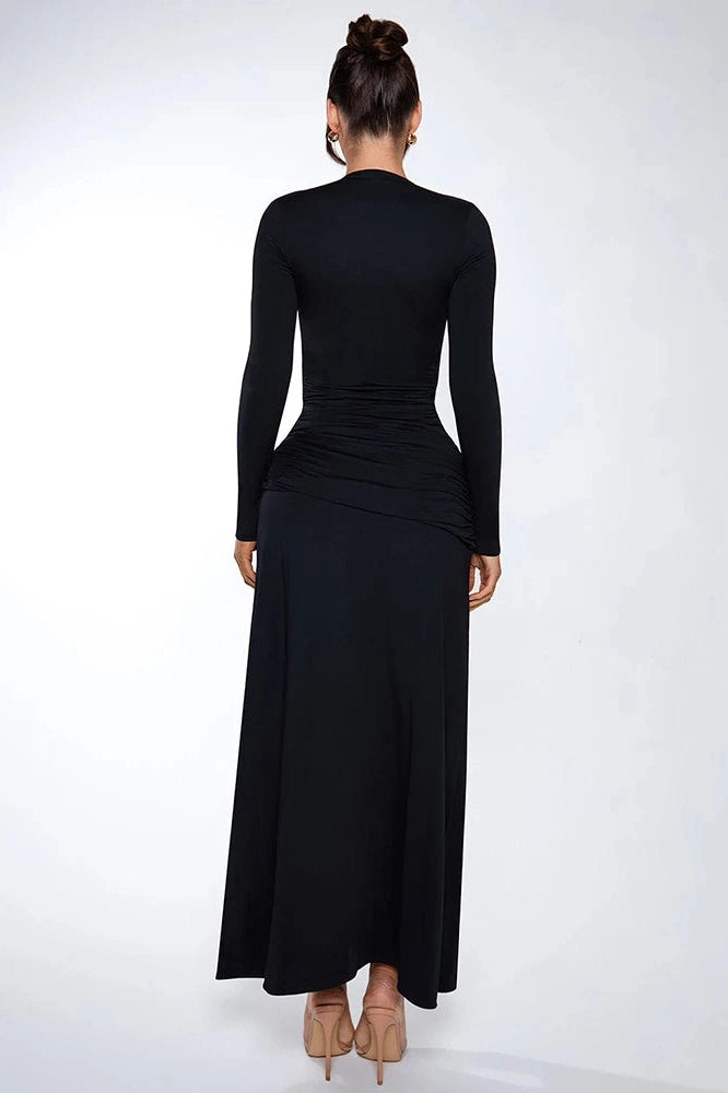 Glorol - Deep V Neck Long Sleeve High Split Maxi Dress