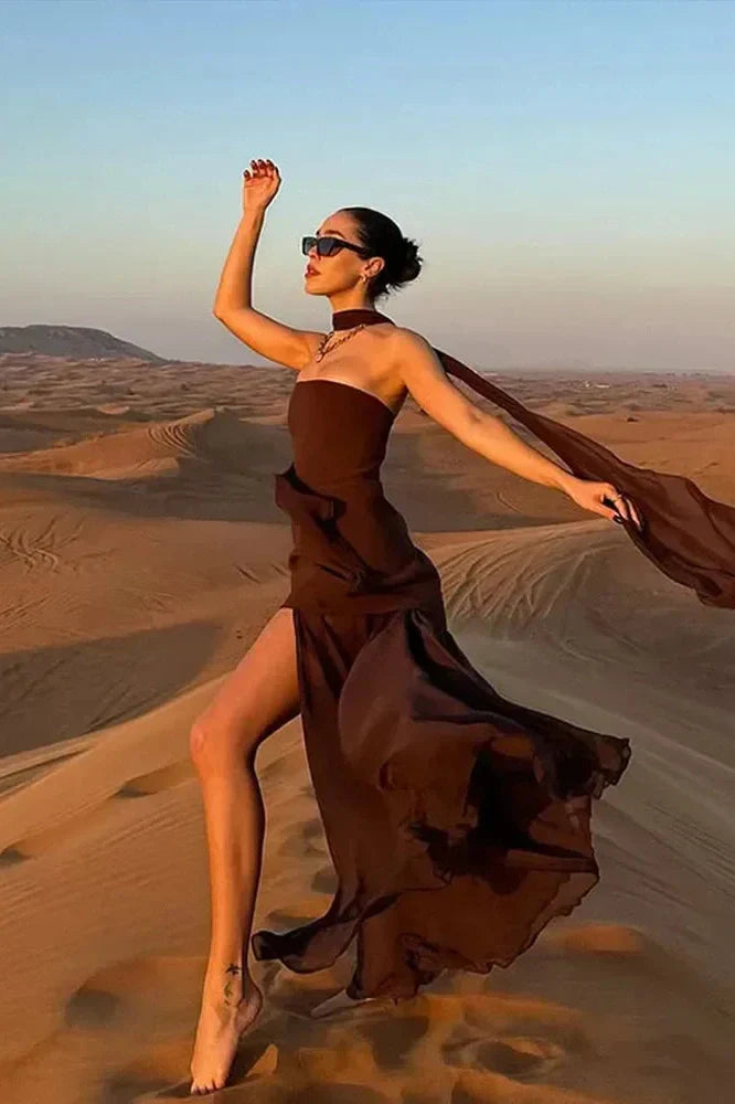 Notiglo - Scarf Neck Sleeveless Off Shoulder A-Line Maxi Dress