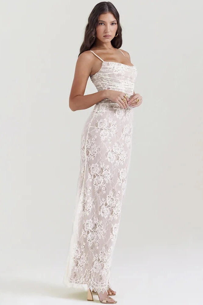 Glorol - Elegant Lace Print Spaghetti Strap Long Sleeve Maxi Dress