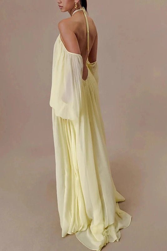 Glorol - Backless Lace Up Off Shoulder Pleat Loose Maxi Dress