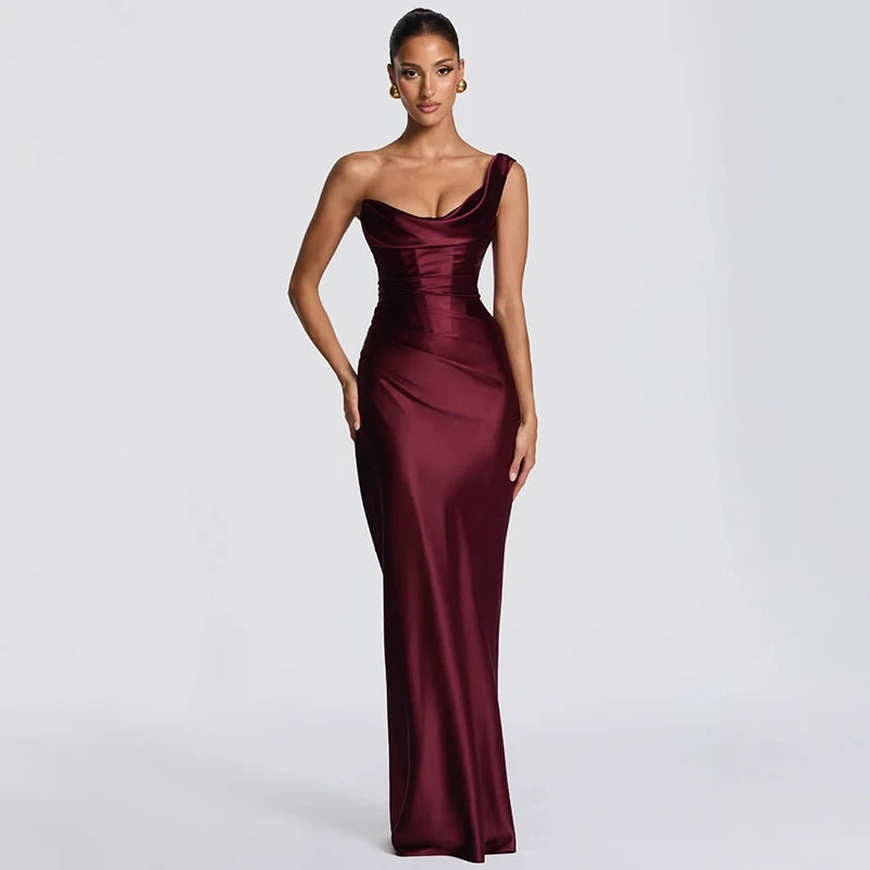 Glorol - One Shoulder Sleeveless Pleated Lace-Up Maxi Dress