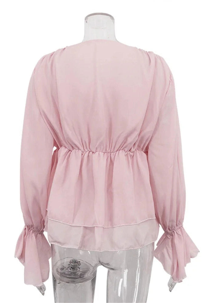 Glorol - Lace-Up V-Neck Loose Patchwork Top