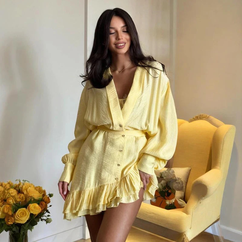 Glorol - Deep V Neck Loose Lantern Sleeve Irregular Mini Dress