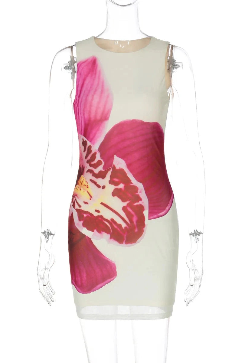 Glorol - Floral Print O Neck Sleeveless Slim Bodycon Mini Dress