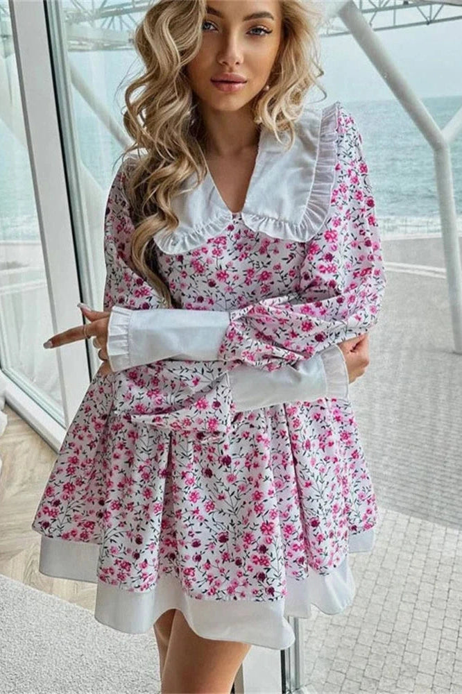 Glorol - Printed V-Neck Slim Long Sleeve Bodycon Mini Dress