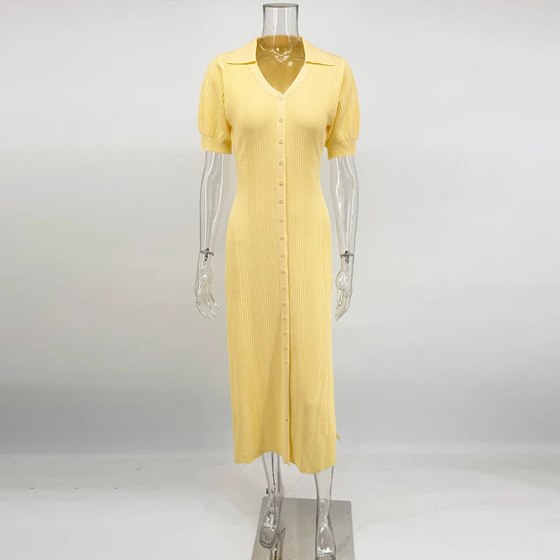 Glorol - Puff Sleeve Knitted Maxi Dress