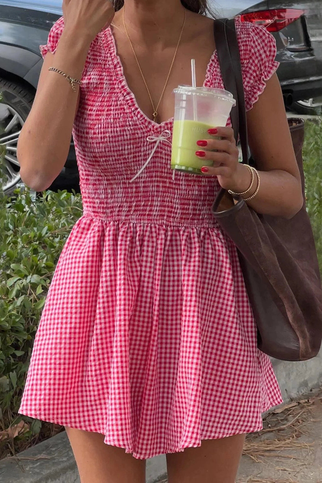 Glorol - Loose Plaid Short Sleeve Jumpsuit