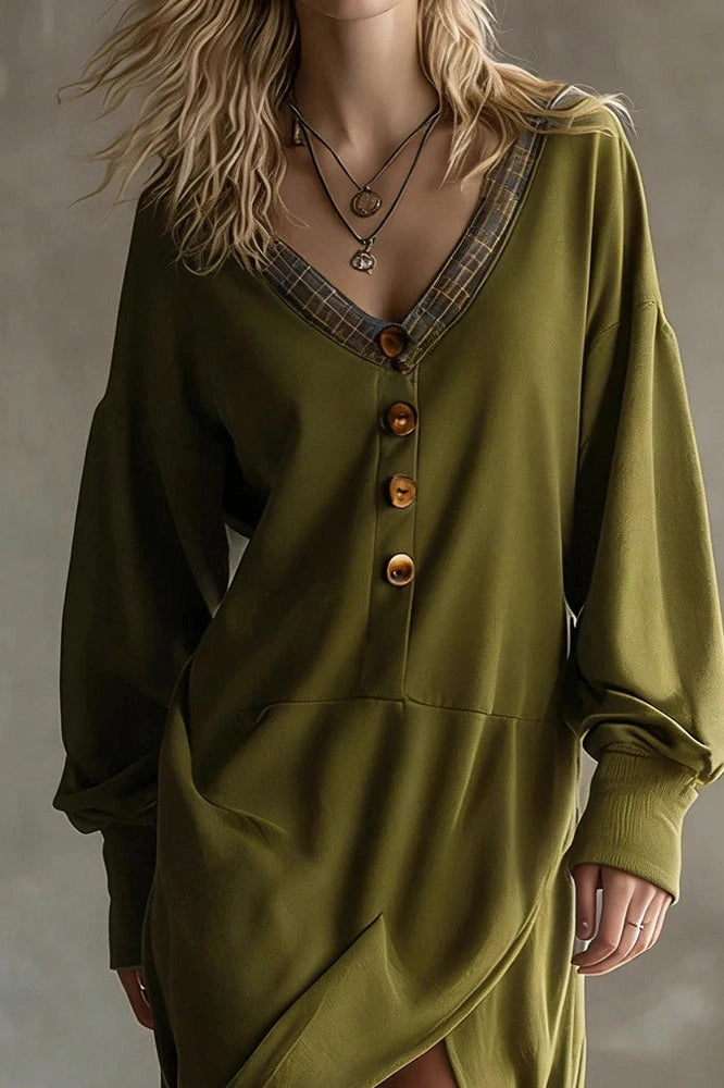 Glorol - Long Sleeve V-Neck Button Split High Waist Irregular Midi Dress