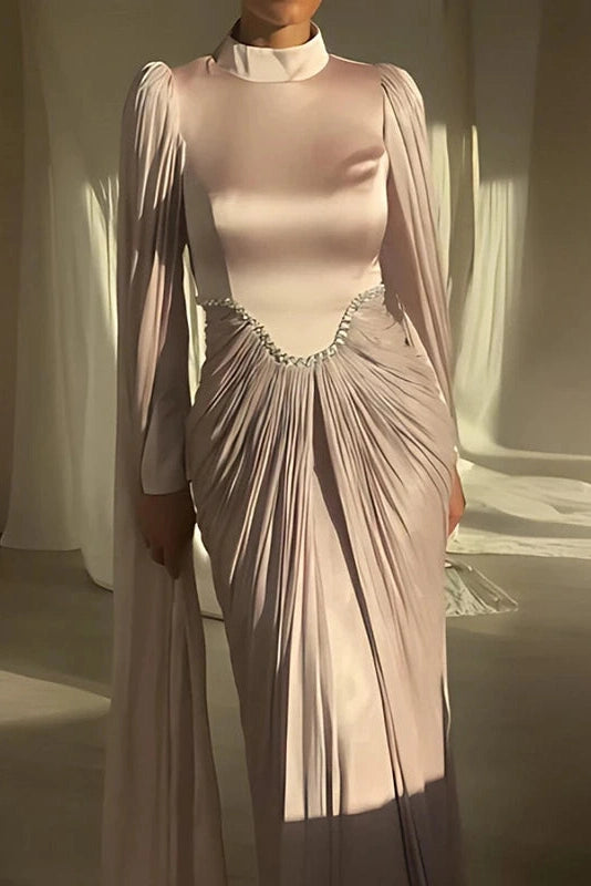 Glorol - Long Sleeve High Waist O-Neck Pleated Maxi Dress
