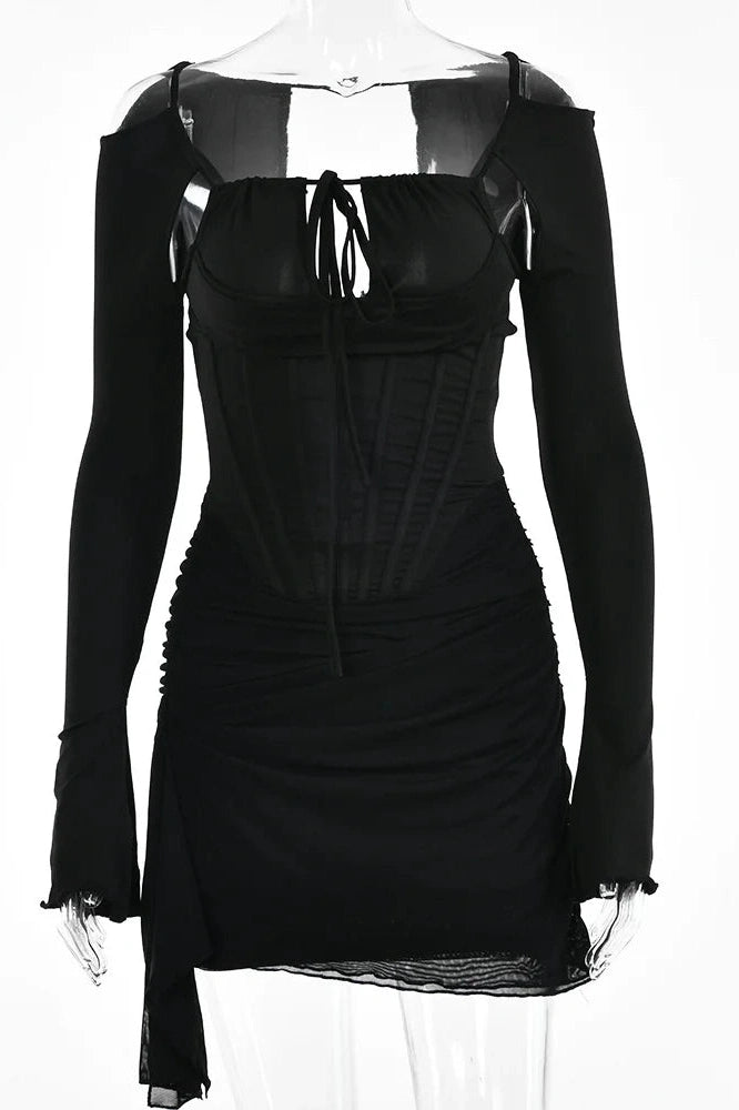 Glorol - Hollow Out Spaghetti Strap Long Sleeve Backless Mini Dress