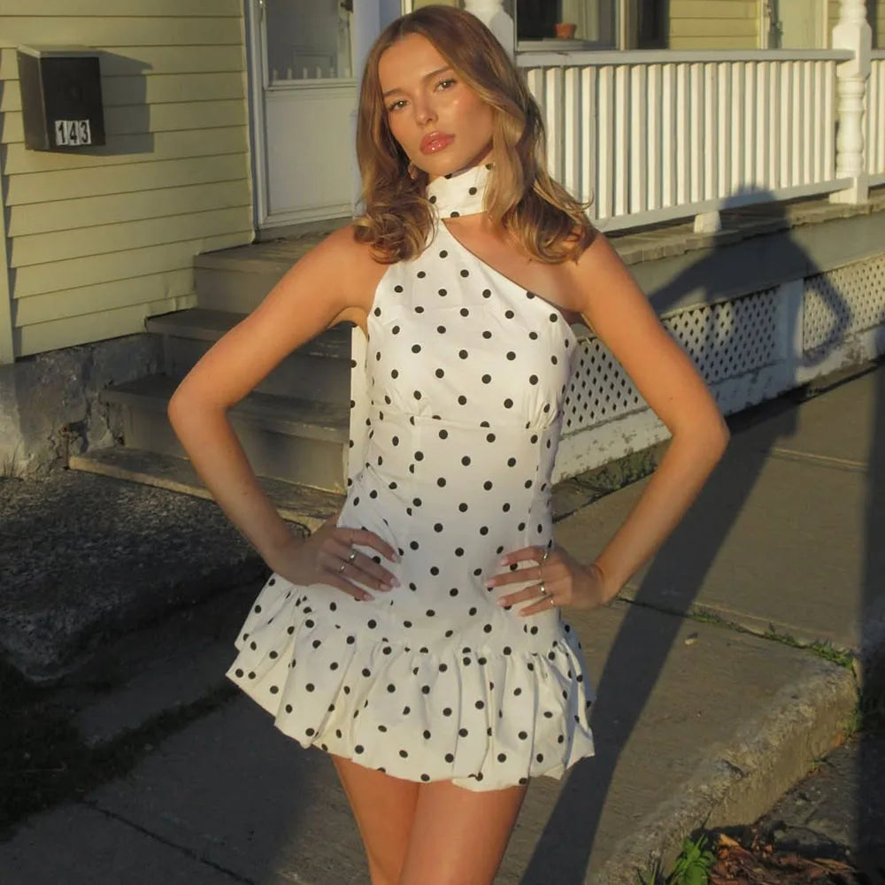 Glorol - Polka Dot Scarf Ribbon Backless Sleeveless Mini Dress
