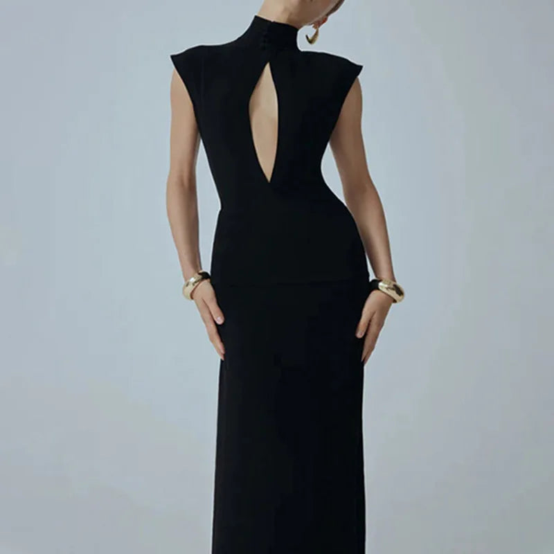 Glorol - Hollow Out High Neck Patchwork Backless Maxi Dress