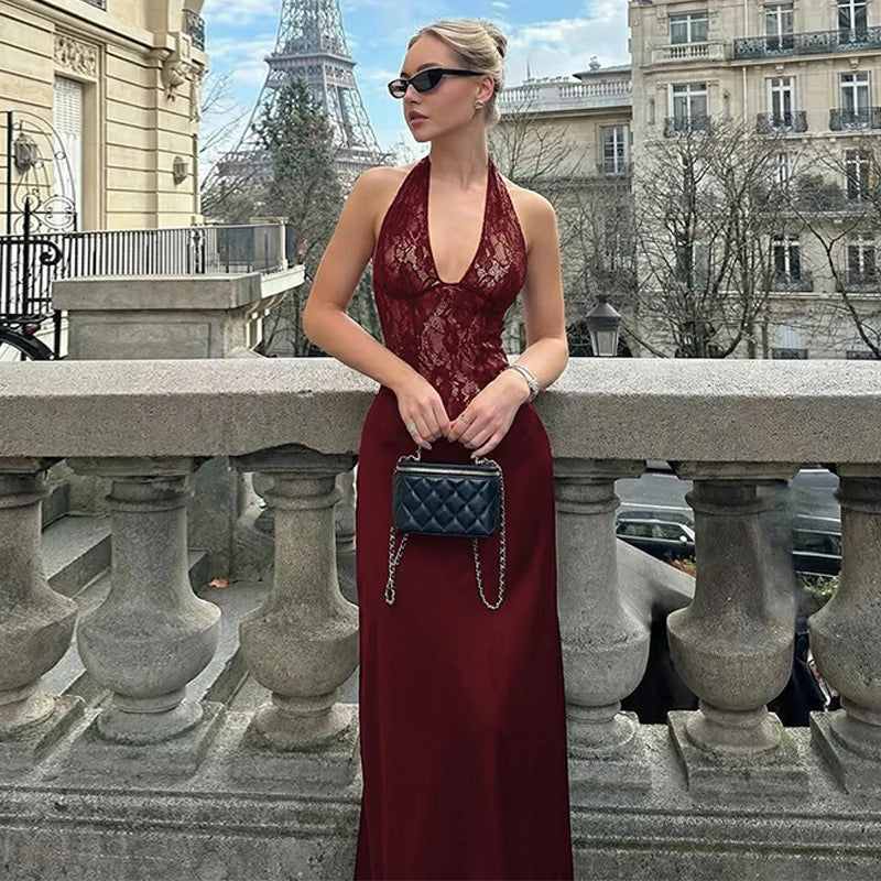 Glorol - Hollow Lace Backless Slim Maxi Dress