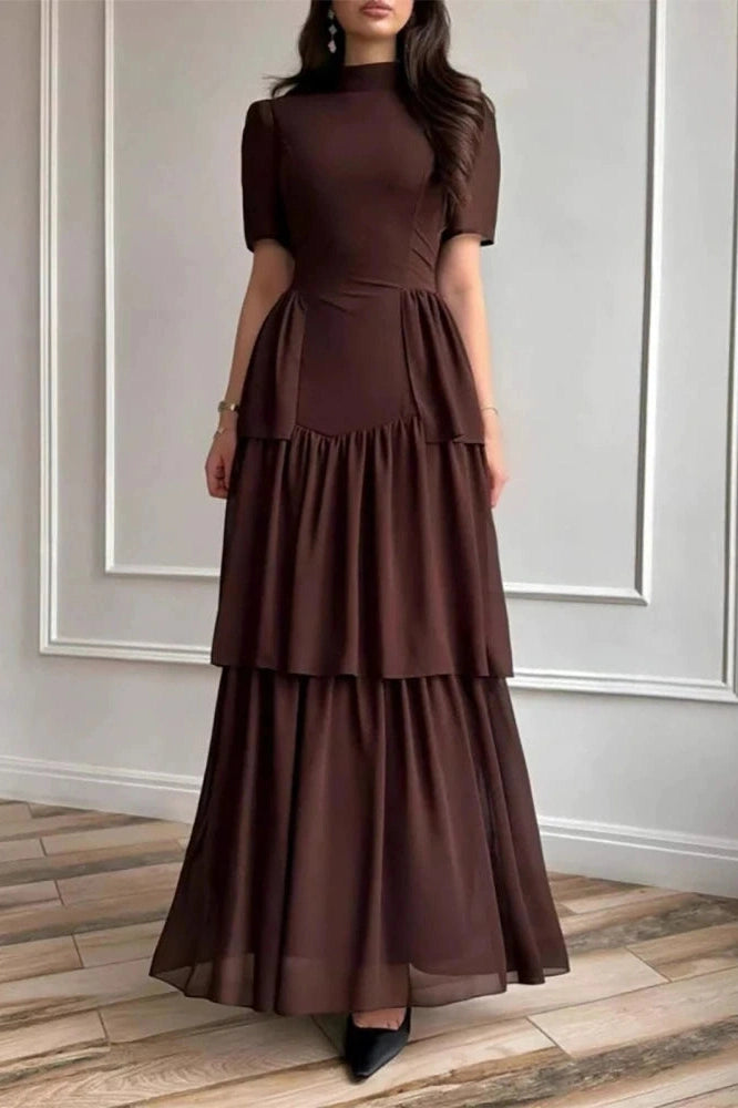 Glorol - O-Neck Pleat High Waist Maxi Dress