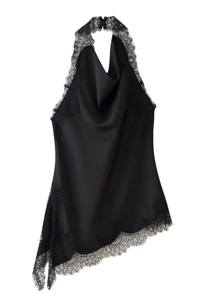 Glorol - Lace Patchwork Backless Slim V-Neck Top