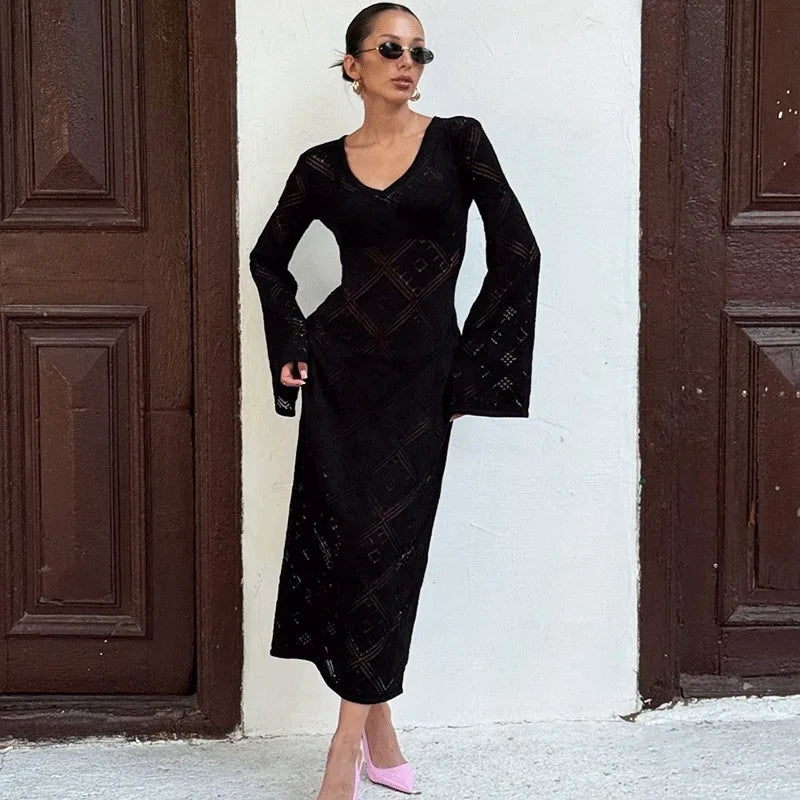 Glorol - Elegant V-Neck Hollow Out See Through Maxi Dress
