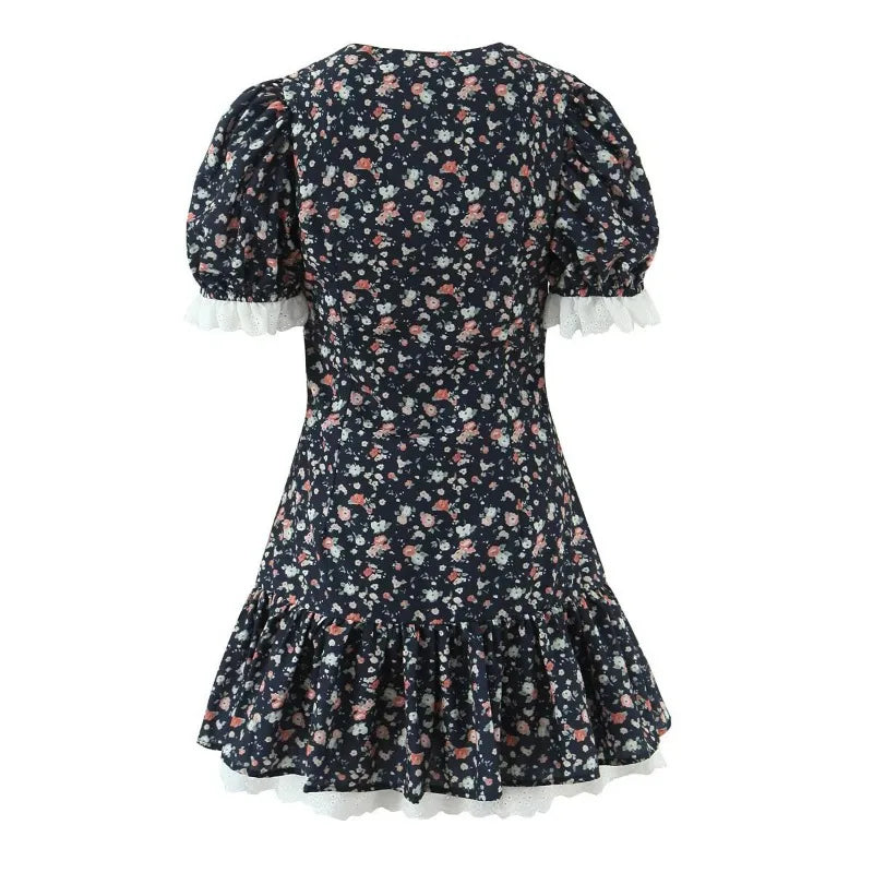 Glorol - Lace Up Print Patchwork Mini Dress