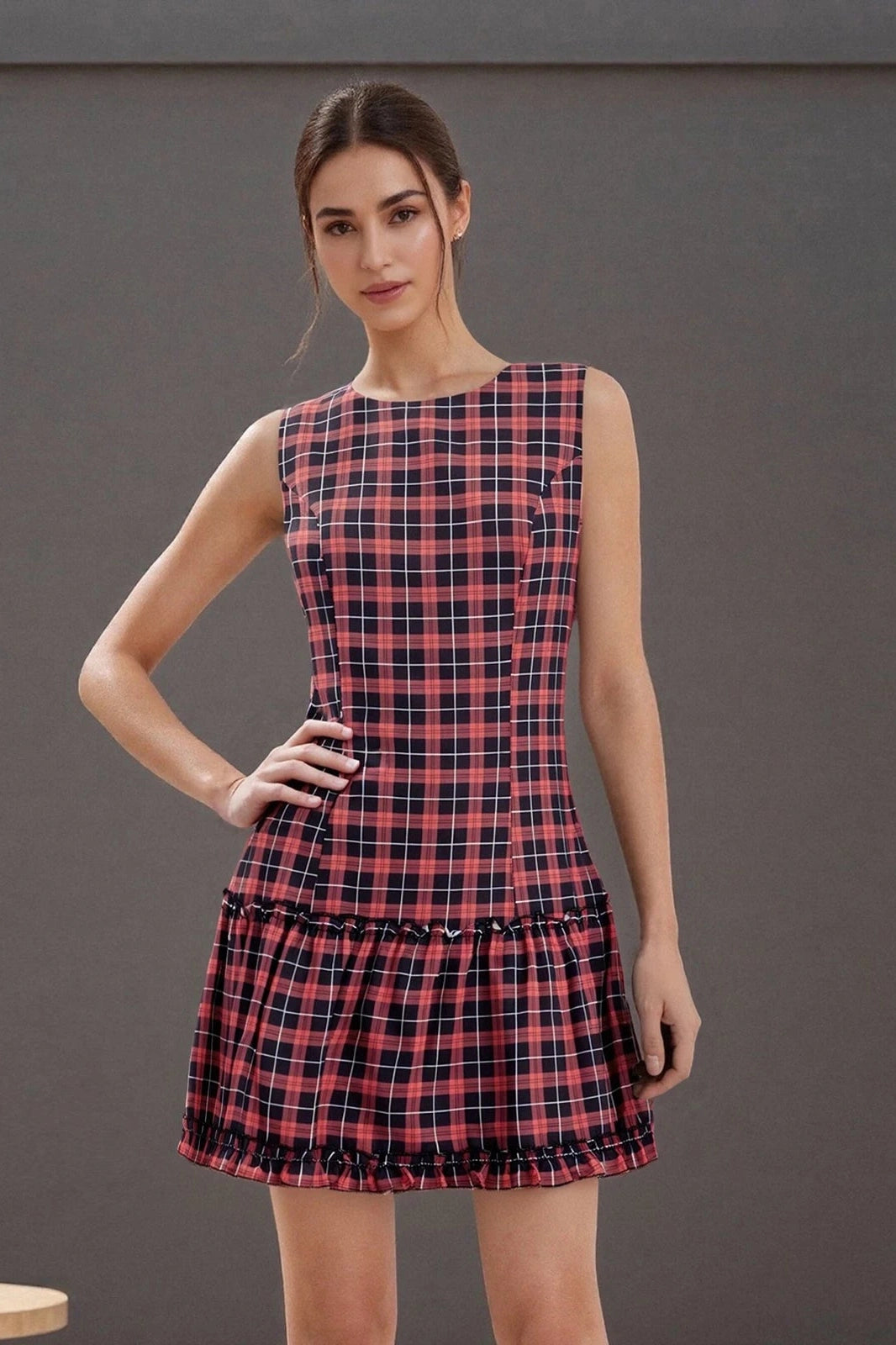 Glorol - Plaid Printed Round Neck Sleeveless Mini Dress