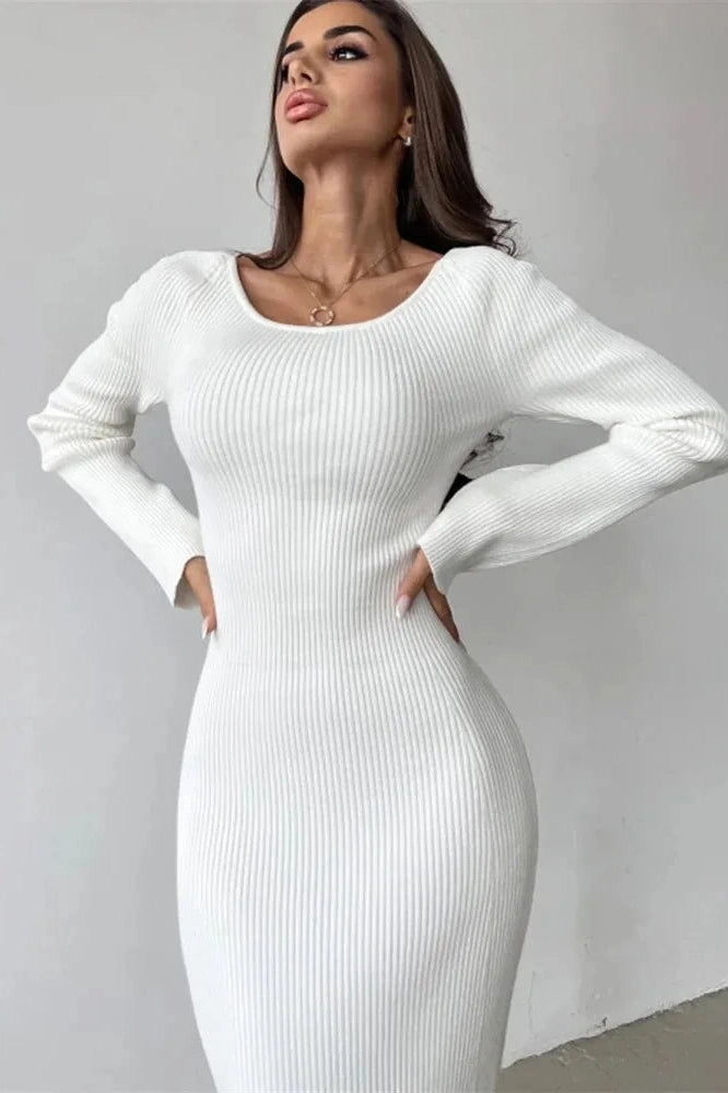 Glorol - Hollow Out Long Sleeve Patchwork Slim Midi Dress