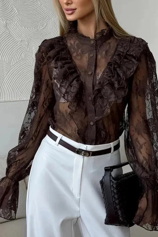 Glorol - Lace Printed See-Through Long Sleeve Top
